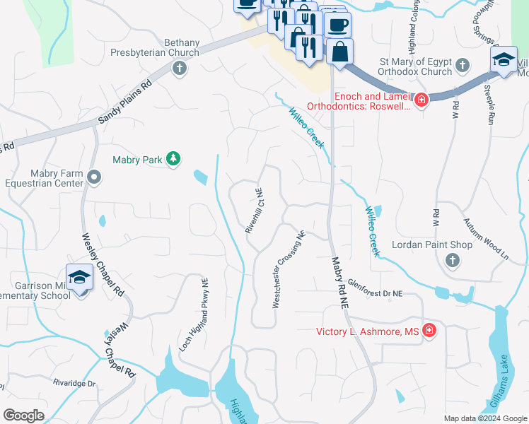 map of restaurants, bars, coffee shops, grocery stores, and more near 4166 Riverhill Court Northeast in Roswell