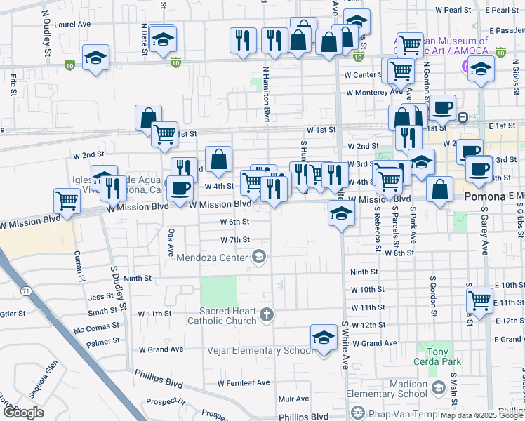map of restaurants, bars, coffee shops, grocery stores, and more near 1110 West Mission Boulevard in Pomona