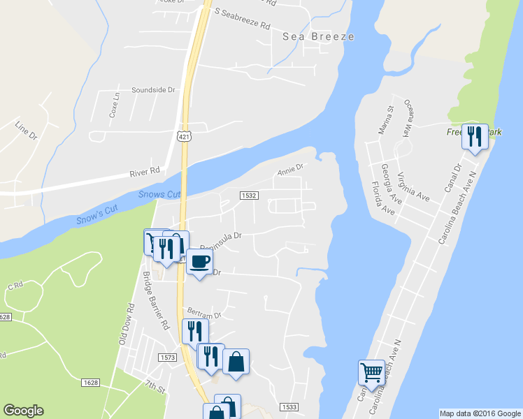 map of restaurants, bars, coffee shops, grocery stores, and more near 240 Silver Sloop Way in Carolina Beach