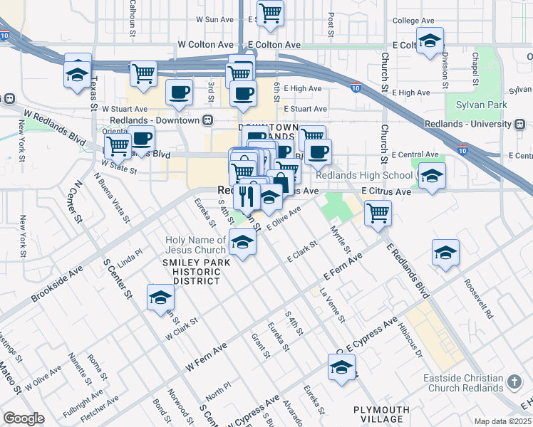 map of restaurants, bars, coffee shops, grocery stores, and more near 18 East Vine Street in Redlands