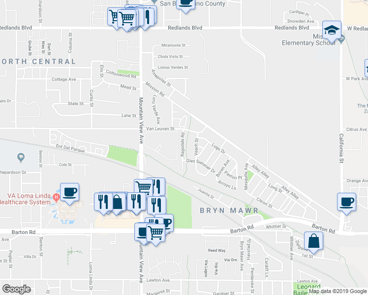 map of restaurants, bars, coffee shops, grocery stores, and more near 10969 Ragsdale Road in Loma Linda