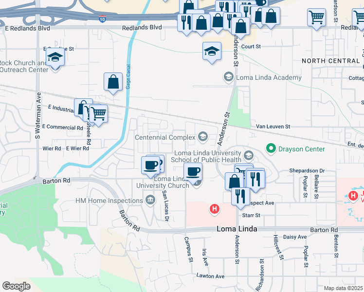 map of restaurants, bars, coffee shops, grocery stores, and more near 10972 Campus Street in Loma Linda