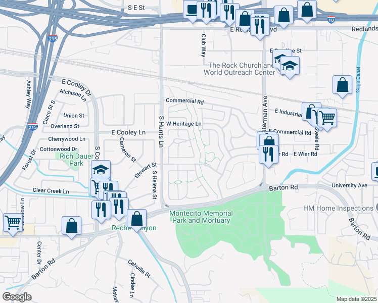 map of restaurants, bars, coffee shops, grocery stores, and more near 105 Eaton Court in San Bernardino