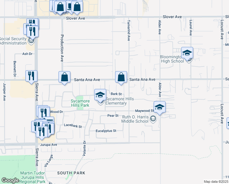 map of restaurants, bars, coffee shops, grocery stores, and more near 10970 Brisbane Court in Fontana