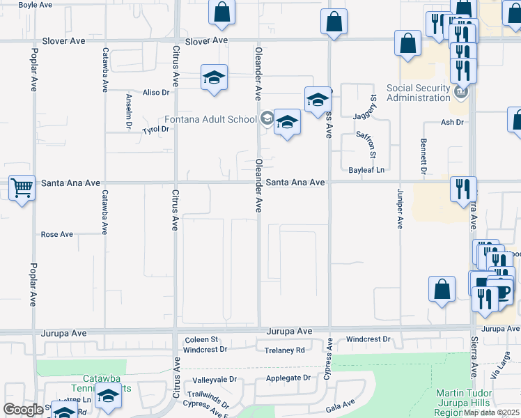 map of restaurants, bars, coffee shops, grocery stores, and more near 10985 Oleander Avenue in Fontana