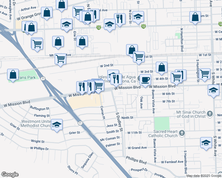 map of restaurants, bars, coffee shops, grocery stores, and more near 1556 Brea Canyon Road in Pomona
