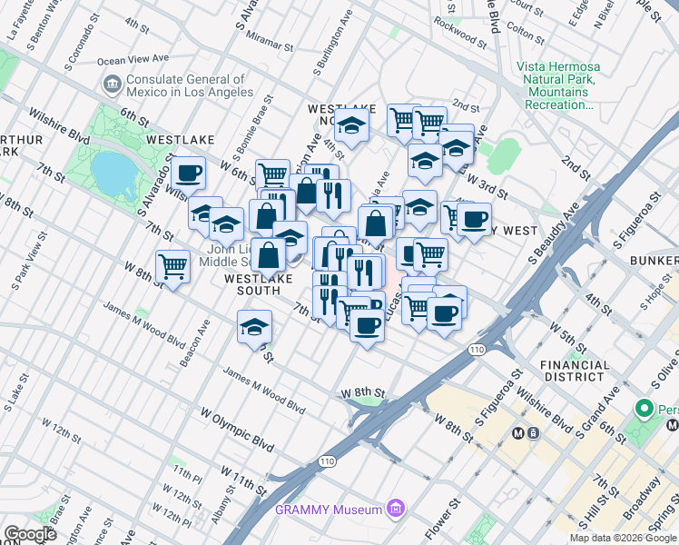map of restaurants, bars, coffee shops, grocery stores, and more near in Los Angeles