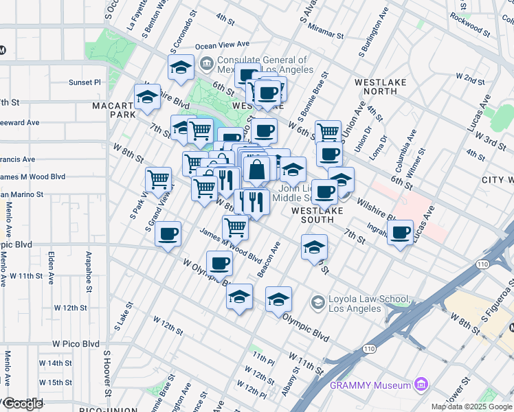map of restaurants, bars, coffee shops, grocery stores, and more near in Los Angeles
