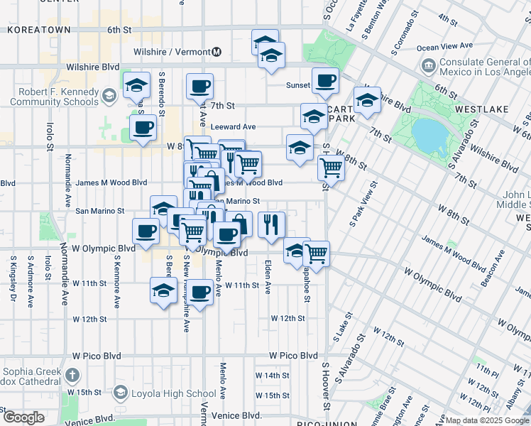 map of restaurants, bars, coffee shops, grocery stores, and more near 936 South Westmoreland Avenue in Los Angeles