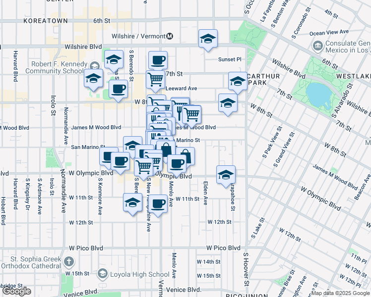 map of restaurants, bars, coffee shops, grocery stores, and more near 938 Menlo Avenue in Los Angeles