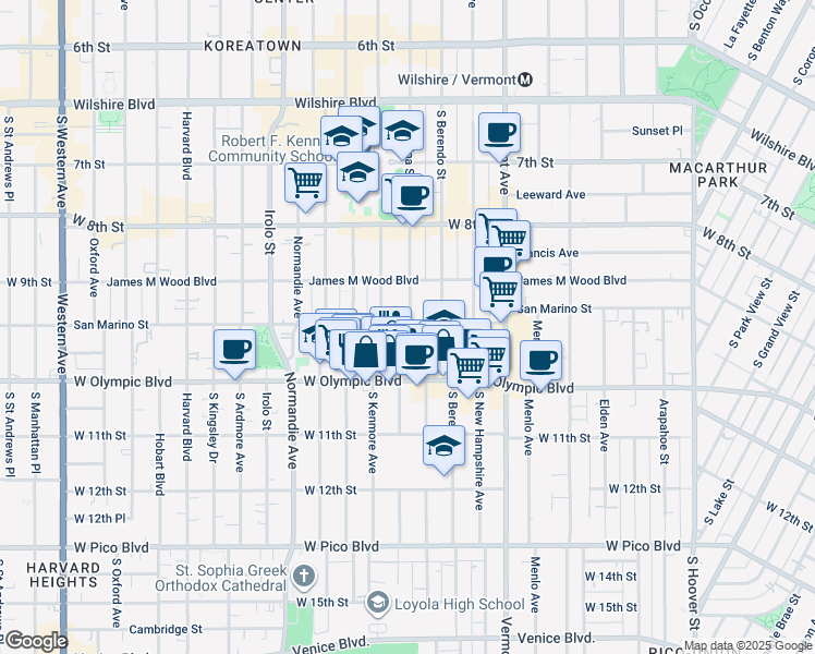 map of restaurants, bars, coffee shops, grocery stores, and more near 3041 San Marino Street in Los Angeles