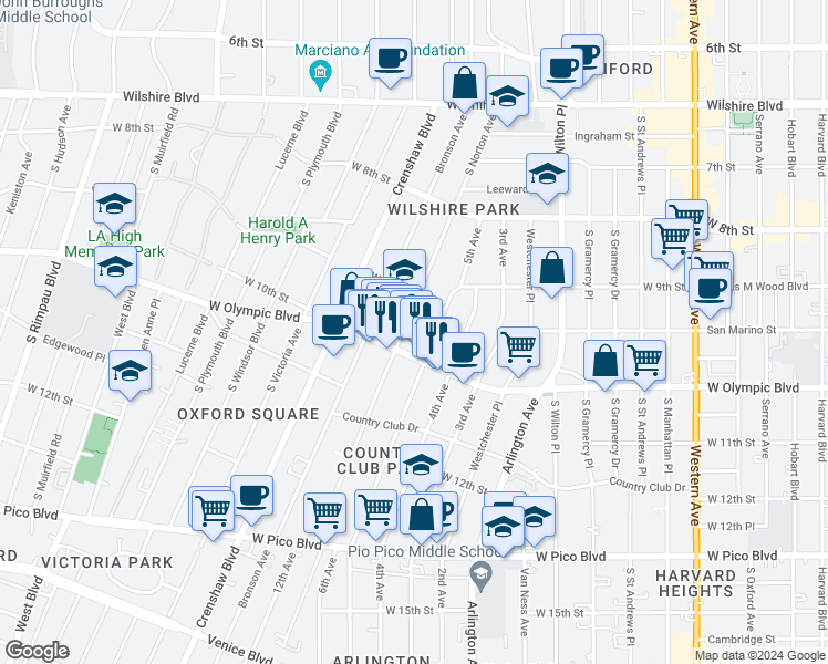 map of restaurants, bars, coffee shops, grocery stores, and more near in Los Angeles