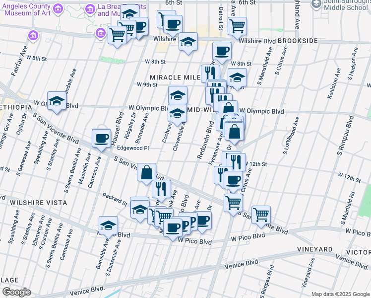 map of restaurants, bars, coffee shops, grocery stores, and more near 1104 South Cloverdale Avenue in Los Angeles