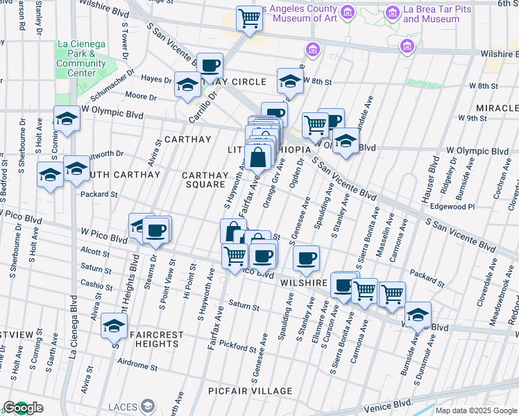 map of restaurants, bars, coffee shops, grocery stores, and more near 1134 South Fairfax Avenue in Los Angeles