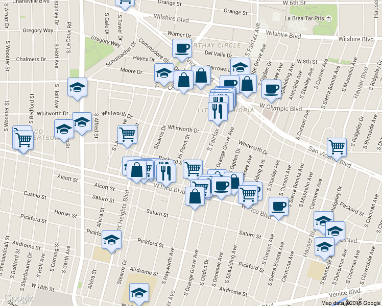 map of restaurants, bars, coffee shops, grocery stores, and more near 1152 South Hayworth Avenue in Los Angeles