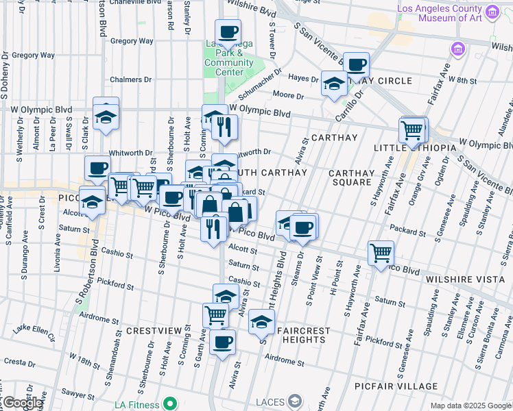 map of restaurants, bars, coffee shops, grocery stores, and more near 1213 1/2 South Orlando Avenue in Los Angeles