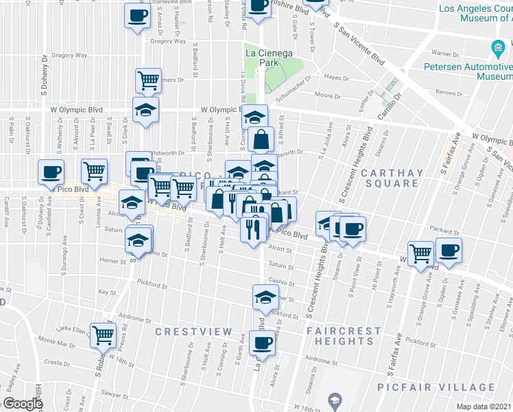 map of restaurants, bars, coffee shops, grocery stores, and more near 1240 South Corning Street in Los Angeles