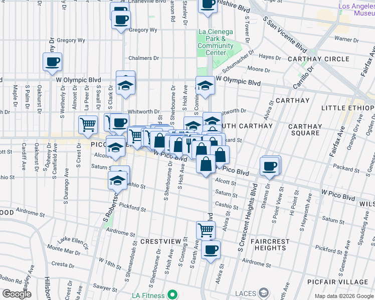 map of restaurants, bars, coffee shops, grocery stores, and more near 1251 South Holt Avenue in Los Angeles