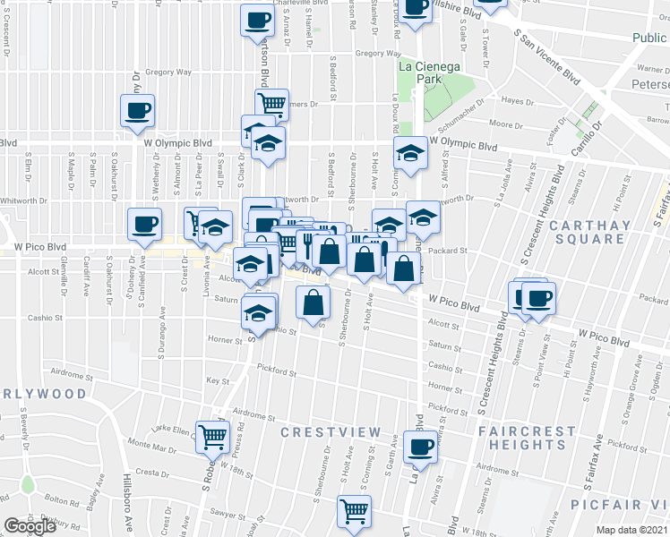 map of restaurants, bars, coffee shops, grocery stores, and more near 8647 West Pico Boulevard in Los Angeles