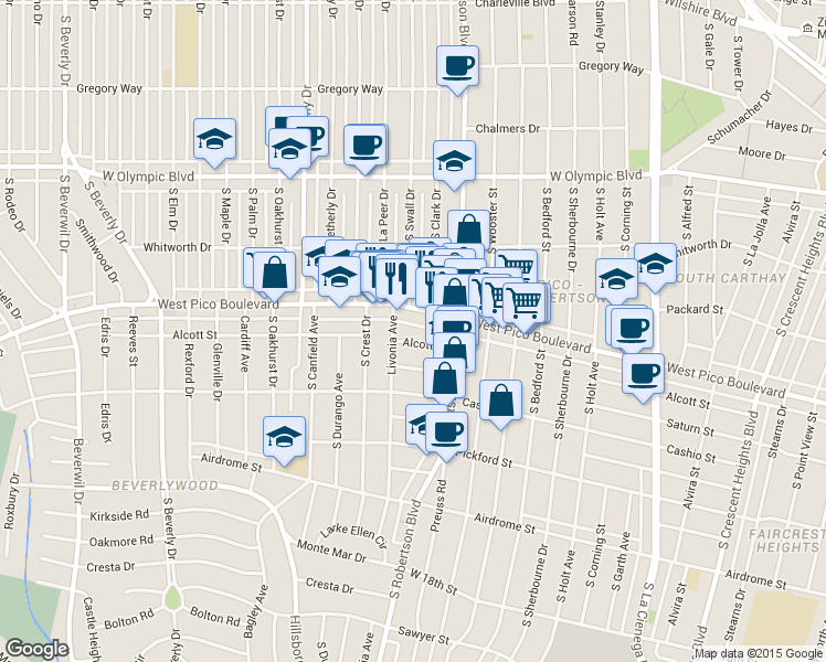 map of restaurants, bars, coffee shops, grocery stores, and more near 8885 West Pico Boulevard in Los Angeles