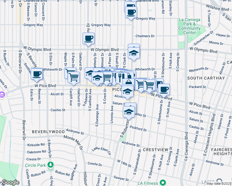 map of restaurants, bars, coffee shops, grocery stores, and more near 8885 West Pico Boulevard in Los Angeles