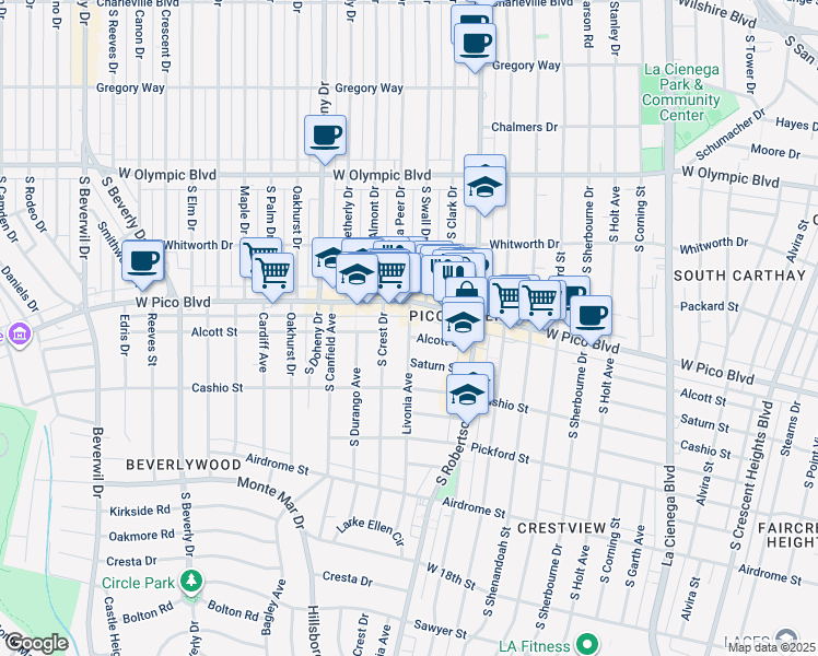 map of restaurants, bars, coffee shops, grocery stores, and more near 8885 West Pico Boulevard in Los Angeles