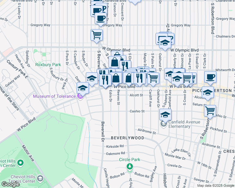 map of restaurants, bars, coffee shops, grocery stores, and more near 1426 Reeves Street in Los Angeles
