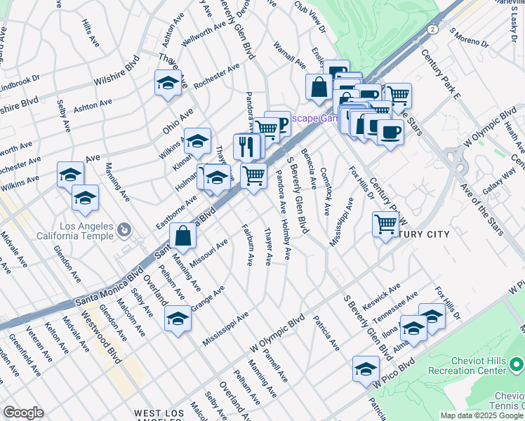 map of restaurants, bars, coffee shops, grocery stores, and more near 1851 Holmby Avenue in Los Angeles