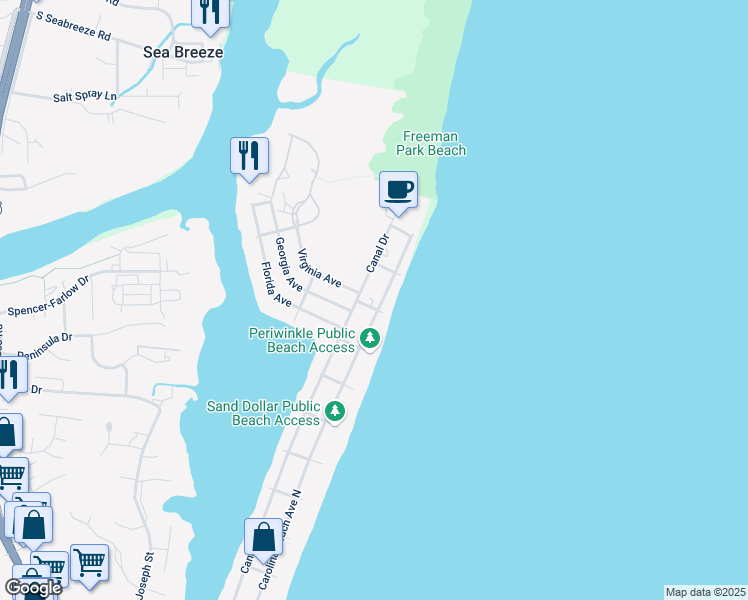 map of restaurants, bars, coffee shops, grocery stores, and more near 1607 Carolina Beach Avenue North in Carolina Beach