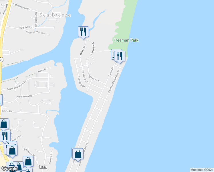 map of restaurants, bars, coffee shops, grocery stores, and more near 1607 Carolina Beach Avenue North in Carolina Beach