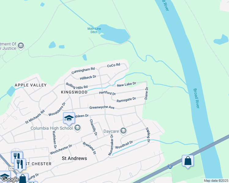 map of restaurants, bars, coffee shops, grocery stores, and more near 2307 Hertford Drive in Columbia
