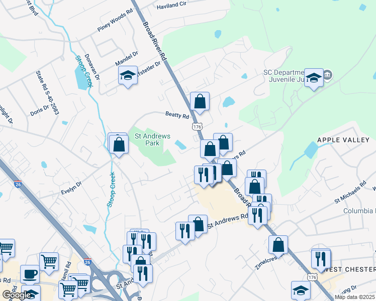 map of restaurants, bars, coffee shops, grocery stores, and more near 139 Connie Drive in Columbia
