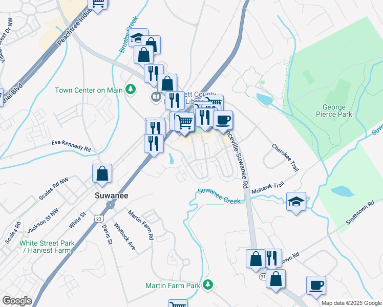 map of restaurants, bars, coffee shops, grocery stores, and more near 3918 Charleston Market Street Northwest in Suwanee