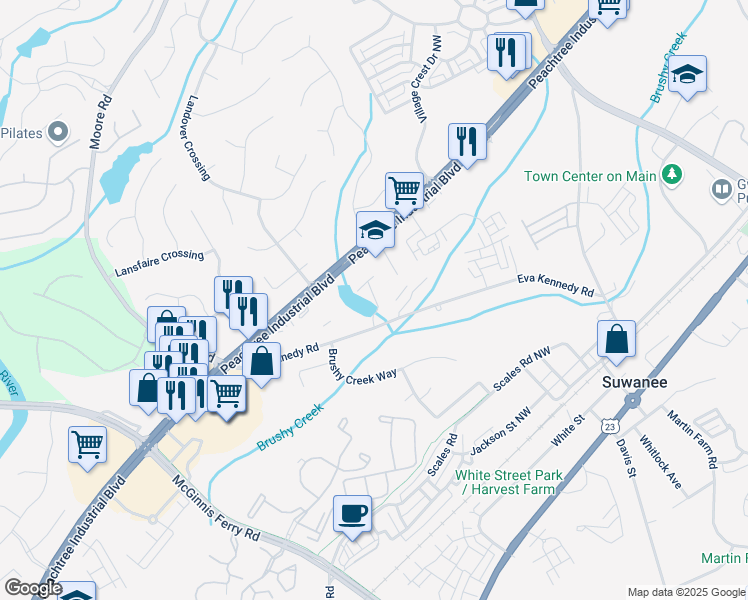 map of restaurants, bars, coffee shops, grocery stores, and more near 2085 Harvest Pond Circle in Suwanee