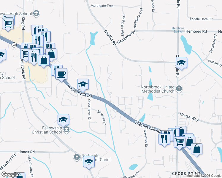 map of restaurants, bars, coffee shops, grocery stores, and more near 605 Red Oak Court in Roswell