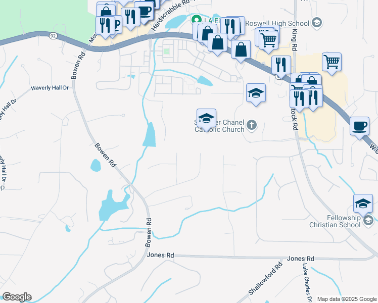 map of restaurants, bars, coffee shops, grocery stores, and more near 0 Woodstock Road in Roswell