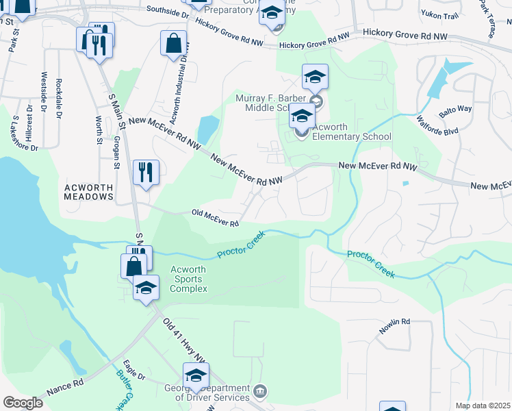 map of restaurants, bars, coffee shops, grocery stores, and more near 3606 High Battery Bluff in Acworth