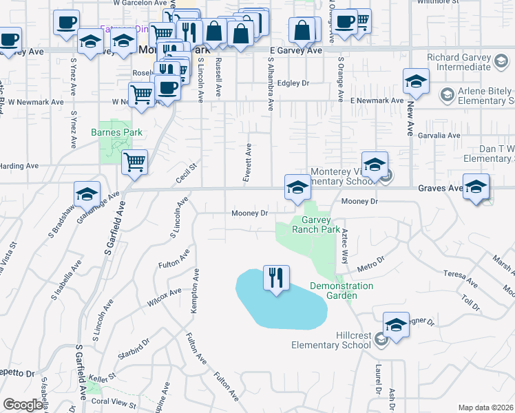 map of restaurants, bars, coffee shops, grocery stores, and more near 345 Mooney Drive in Monterey Park