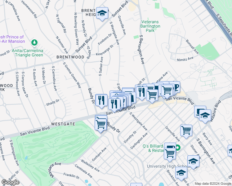 map of restaurants, bars, coffee shops, grocery stores, and more near 515 South Westgate Avenue in Los Angeles