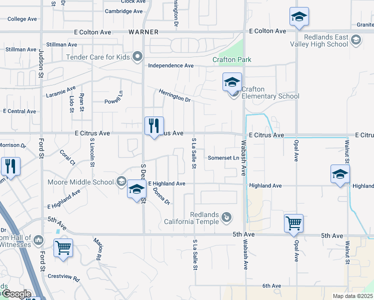 map of restaurants, bars, coffee shops, grocery stores, and more near 35 Meadowbrook Lane in Redlands