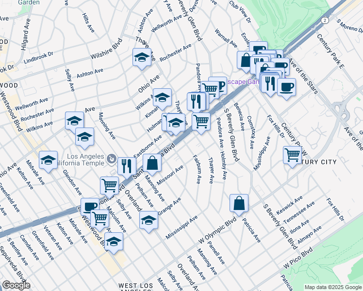map of restaurants, bars, coffee shops, grocery stores, and more near 10534 Santa Monica Boulevard in Los Angeles