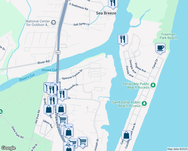 map of restaurants, bars, coffee shops, grocery stores, and more near 237 Silver Sloop Way in Carolina Beach