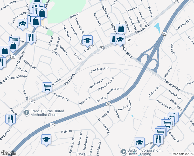 map of restaurants, bars, coffee shops, grocery stores, and more near 4019 Pine Cone Drive in Columbia
