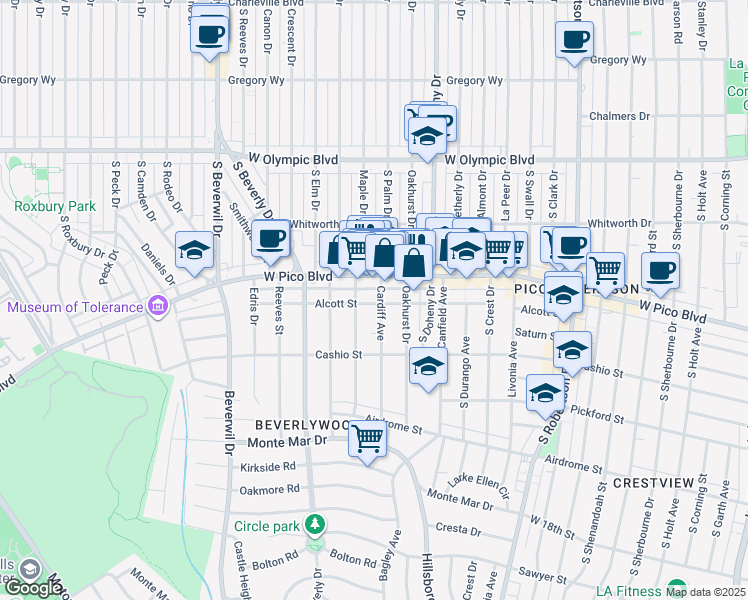 map of restaurants, bars, coffee shops, grocery stores, and more near 1424 Cardiff Avenue in Los Angeles