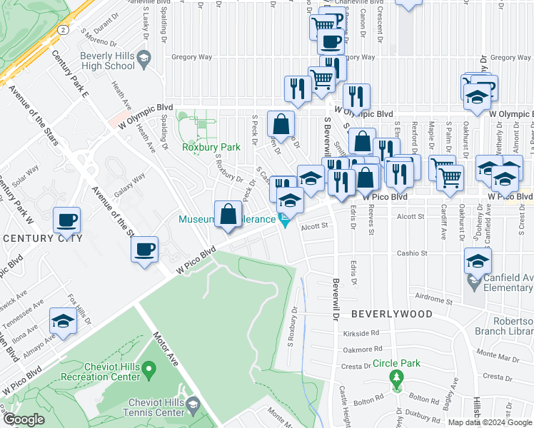 map of restaurants, bars, coffee shops, grocery stores, and more near 9800 Vidor Drive in Los Angeles