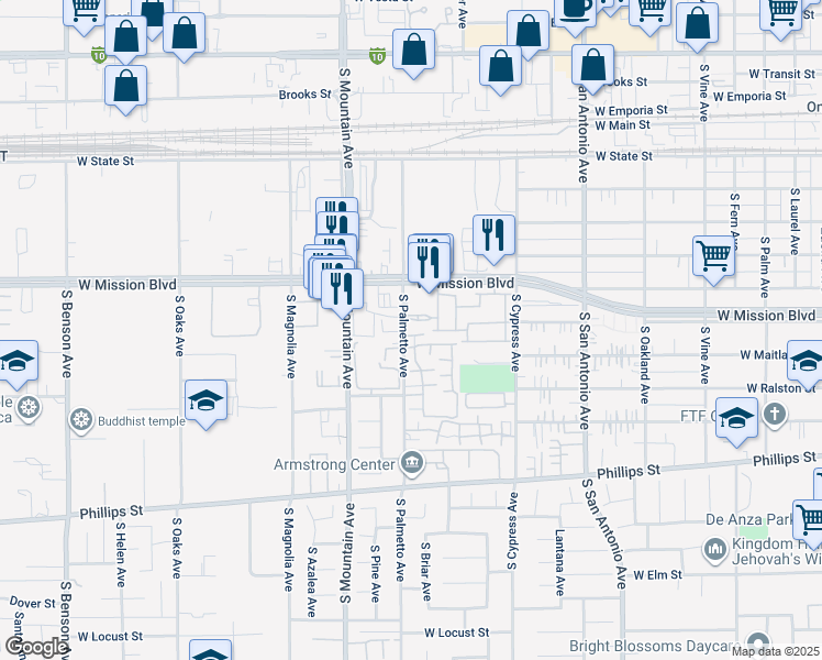 map of restaurants, bars, coffee shops, grocery stores, and more near 851 South Palmetto Avenue in Ontario