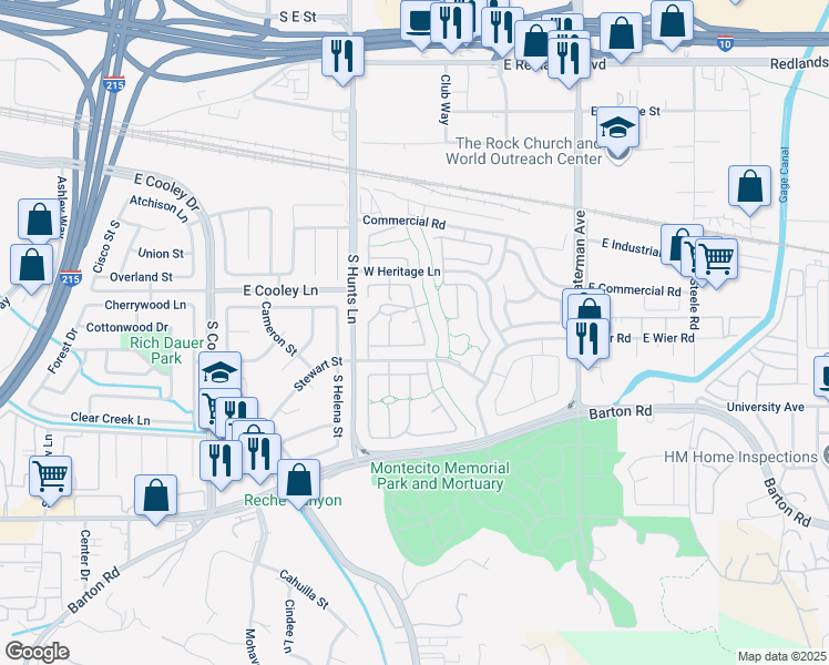 map of restaurants, bars, coffee shops, grocery stores, and more near 105 Eaton Court in San Bernardino