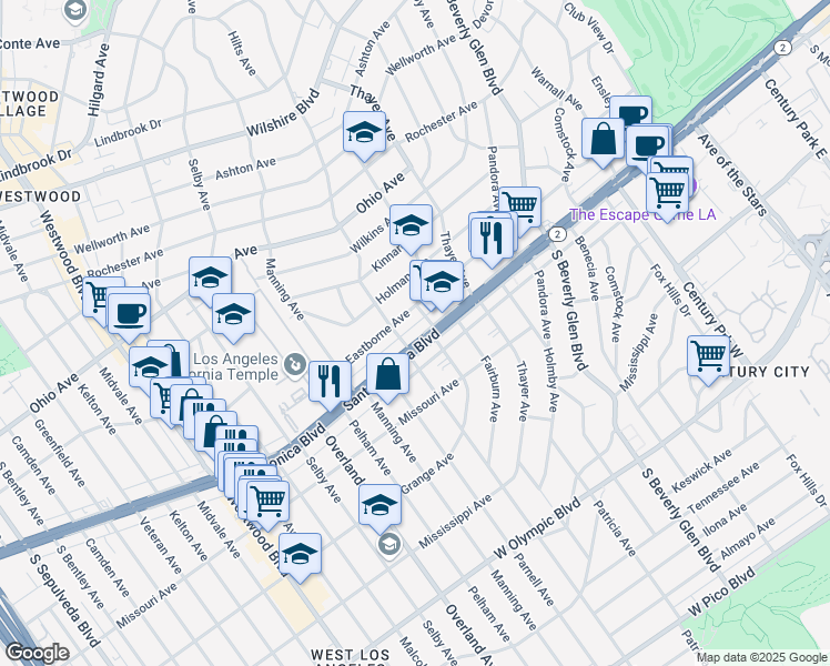 map of restaurants, bars, coffee shops, grocery stores, and more near 10585 Santa Monica Boulevard in Los Angeles