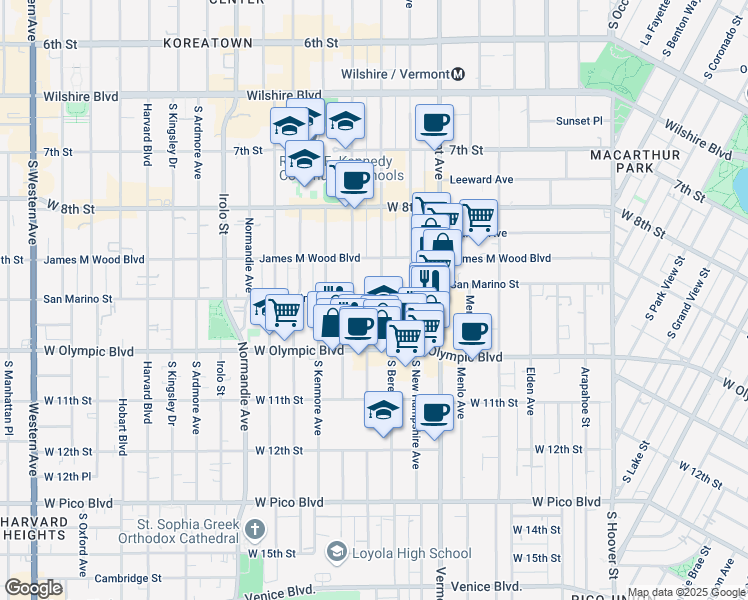 map of restaurants, bars, coffee shops, grocery stores, and more near 2992 San Marino Street in Los Angeles