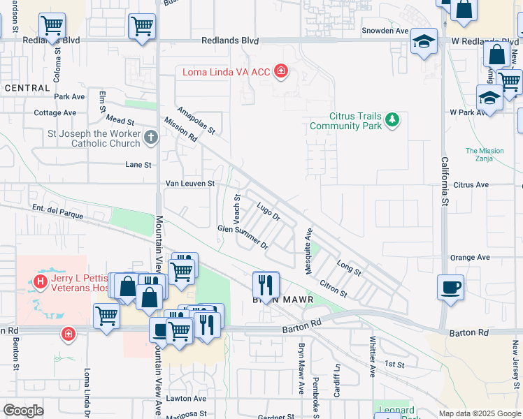 map of restaurants, bars, coffee shops, grocery stores, and more near 10972 Harris Drive in Loma Linda